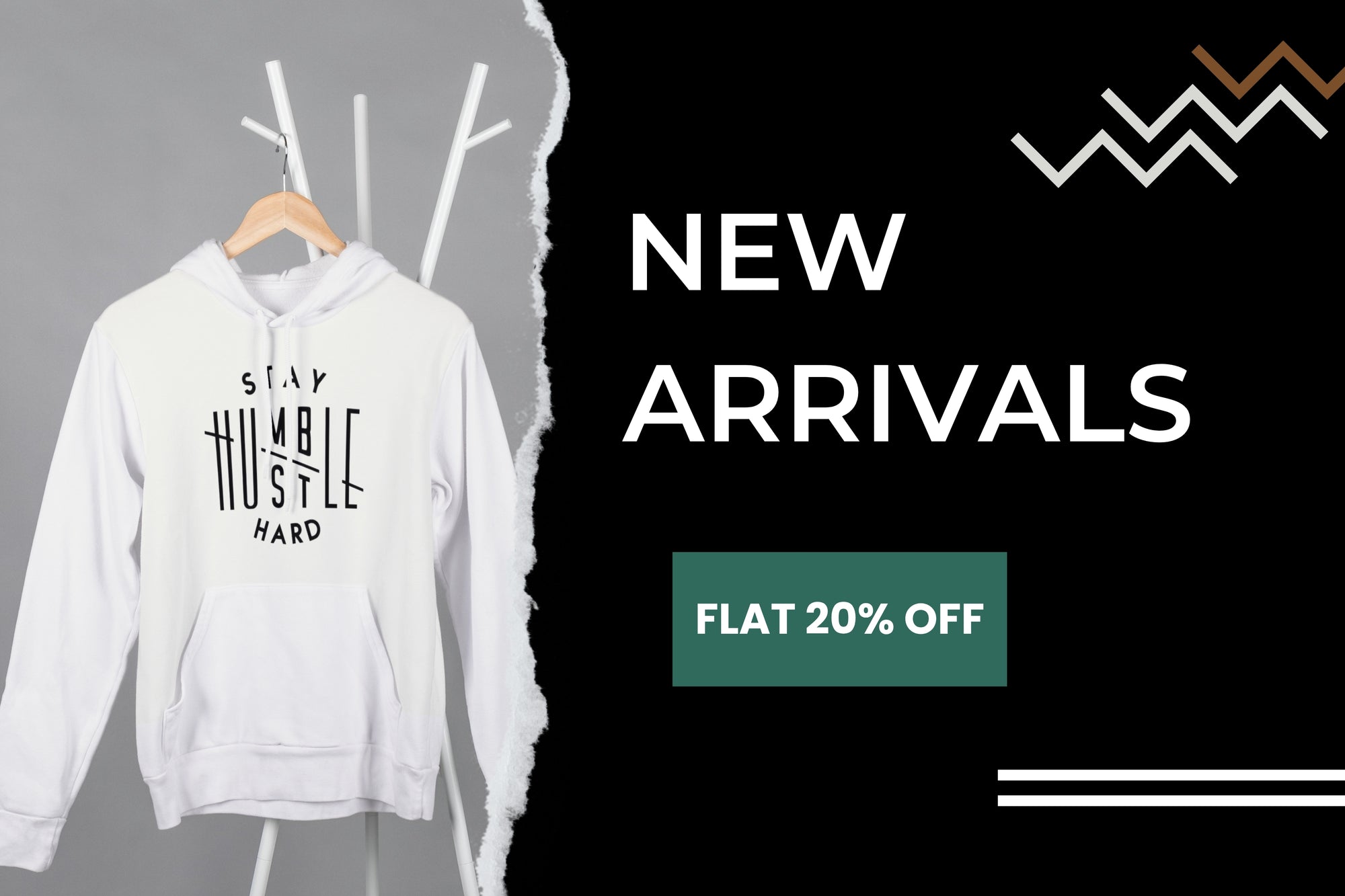 White hoodie with text on a hanger against a black background with 'New Arrivals' and discount text.