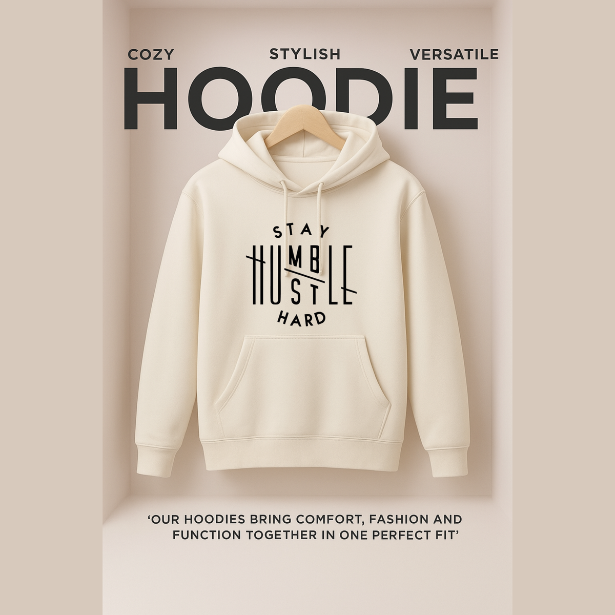 White hoodie on a hanger with text on a beige background