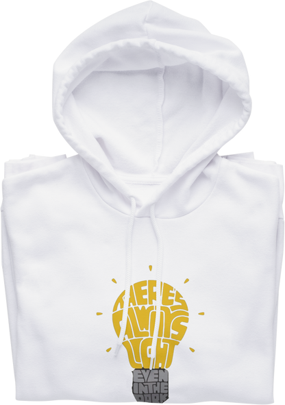 White hoodie with yellow and gray graphic design on a white background