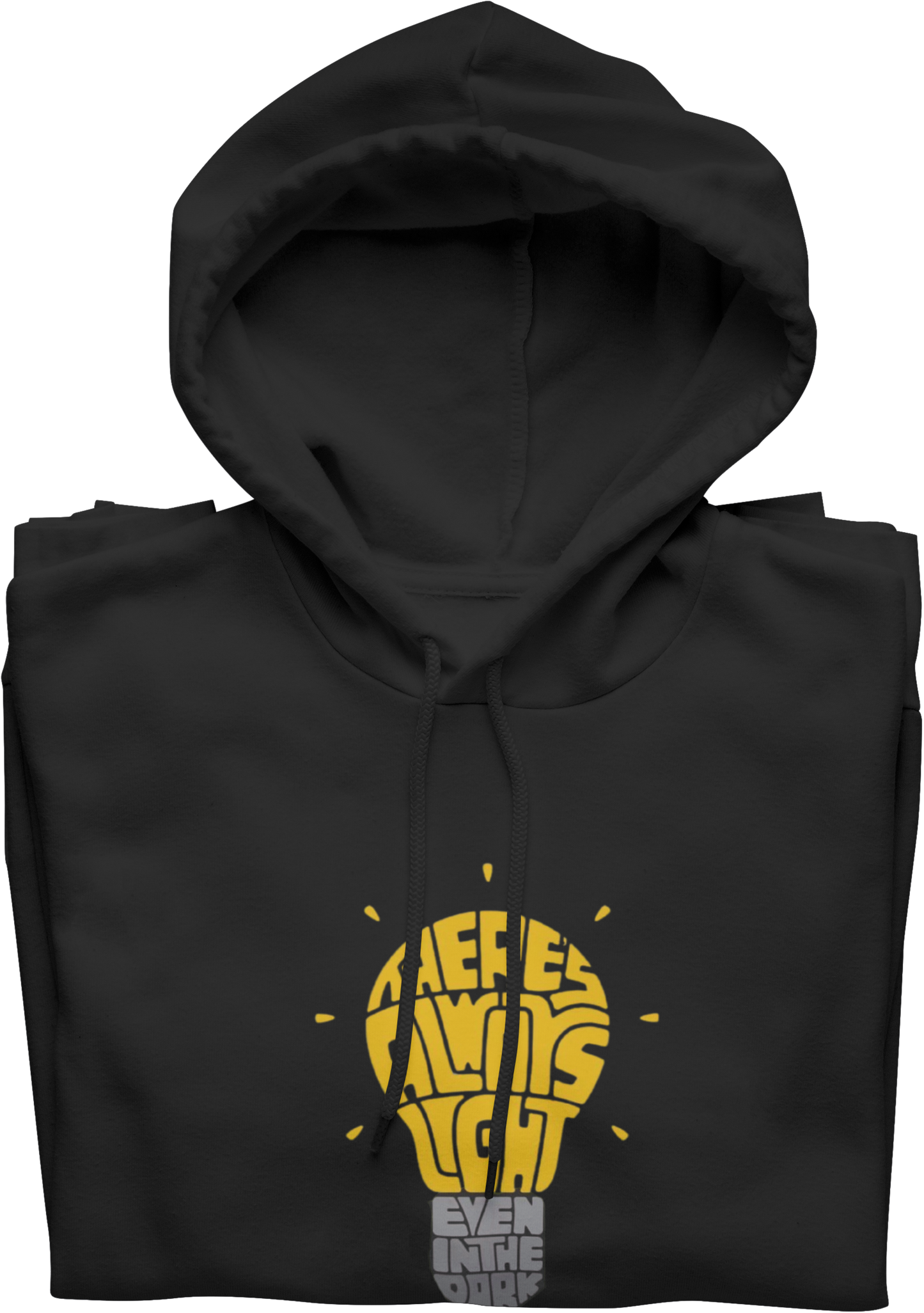 Black hoodie with yellow graphic design on a white background