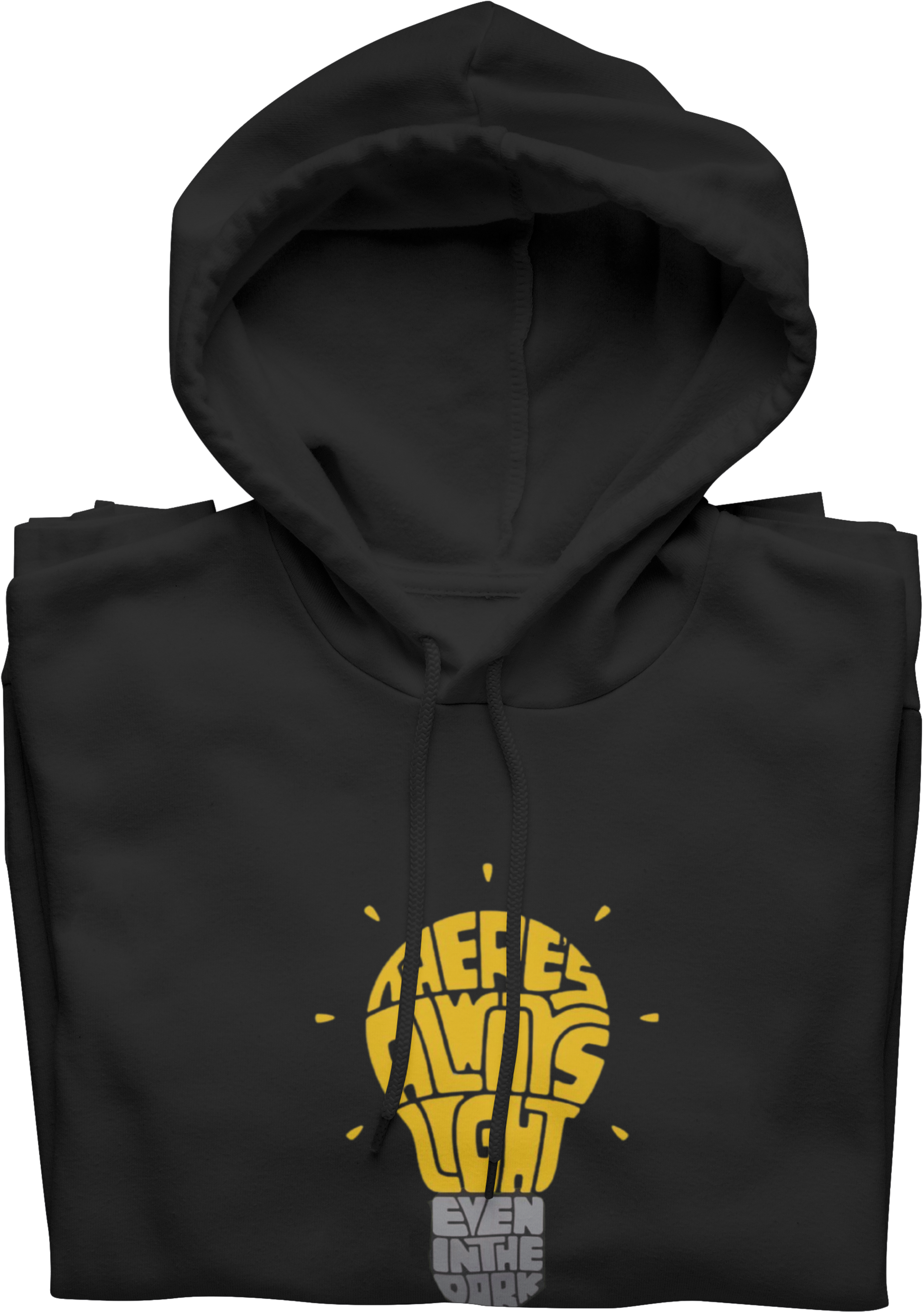 Black hoodie with yellow graphic design on a white background
