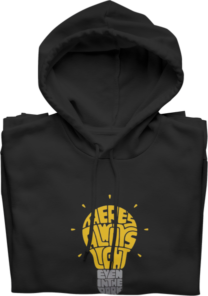 Black hoodie with yellow graphic design on a white background