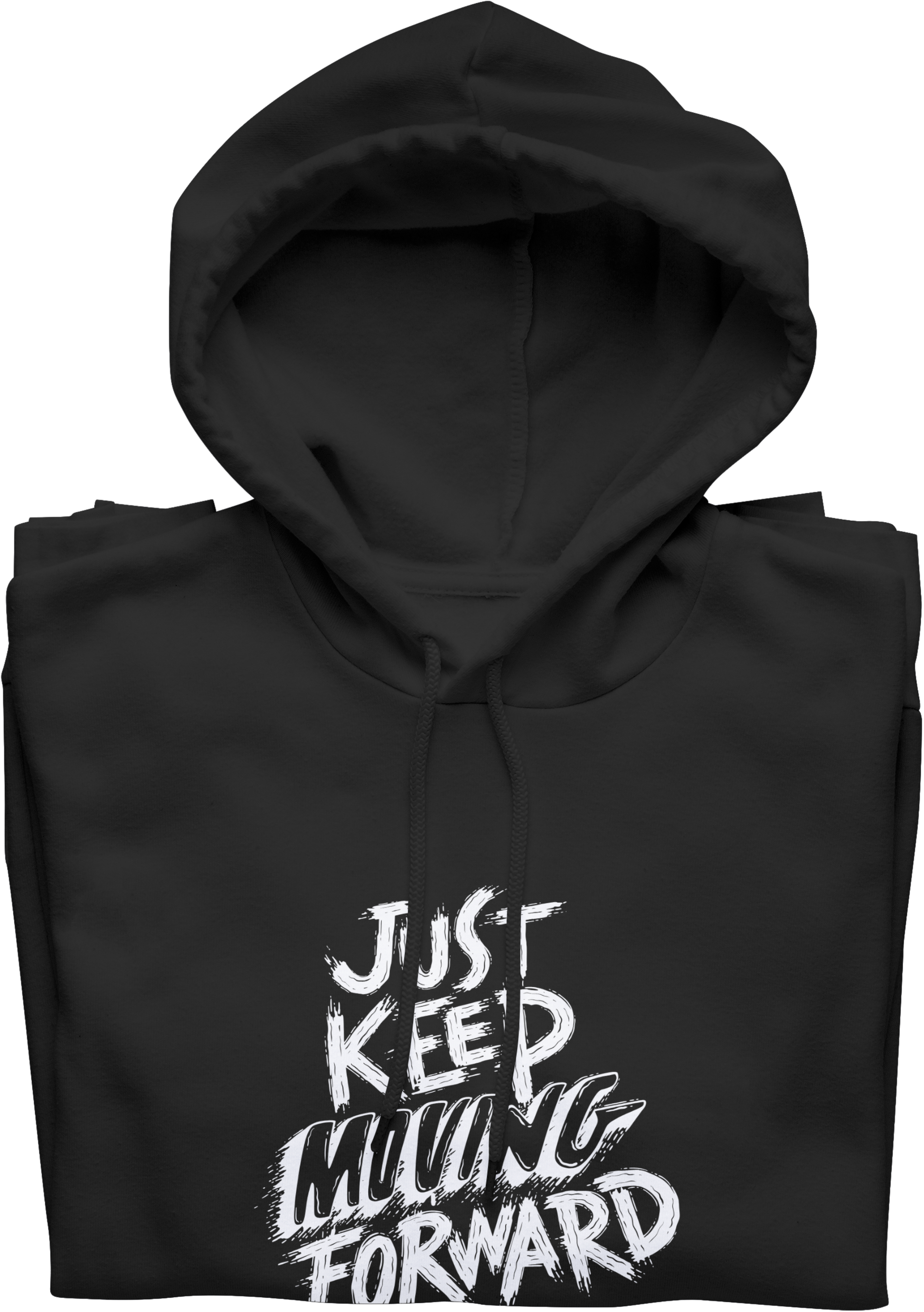 Black hoodie with 'Just Keep Living Forward' text on a white background