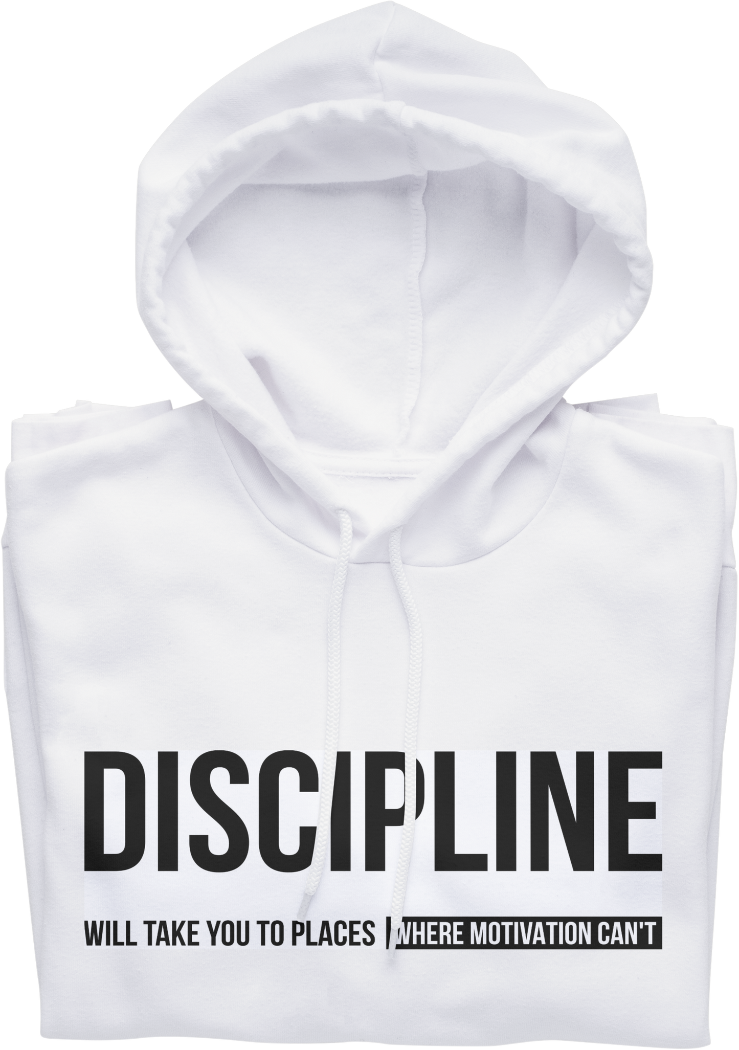 White hoodie with black text on a white background