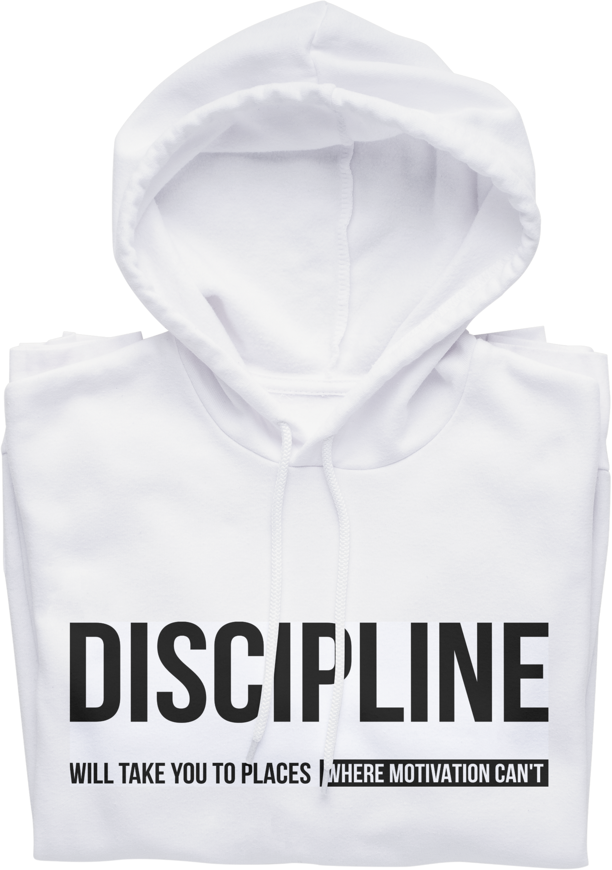 White hoodie with black text on a white background