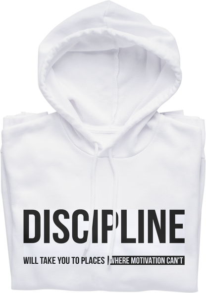 White hoodie with black text on a white background