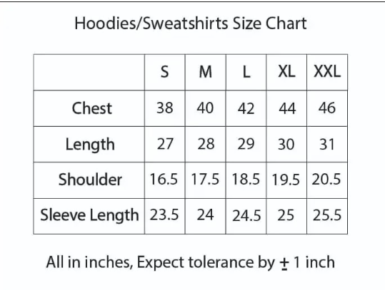 Size chart for hoodies with measurements in inches.
