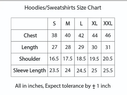 Size chart for hoodies with measurements in inches.