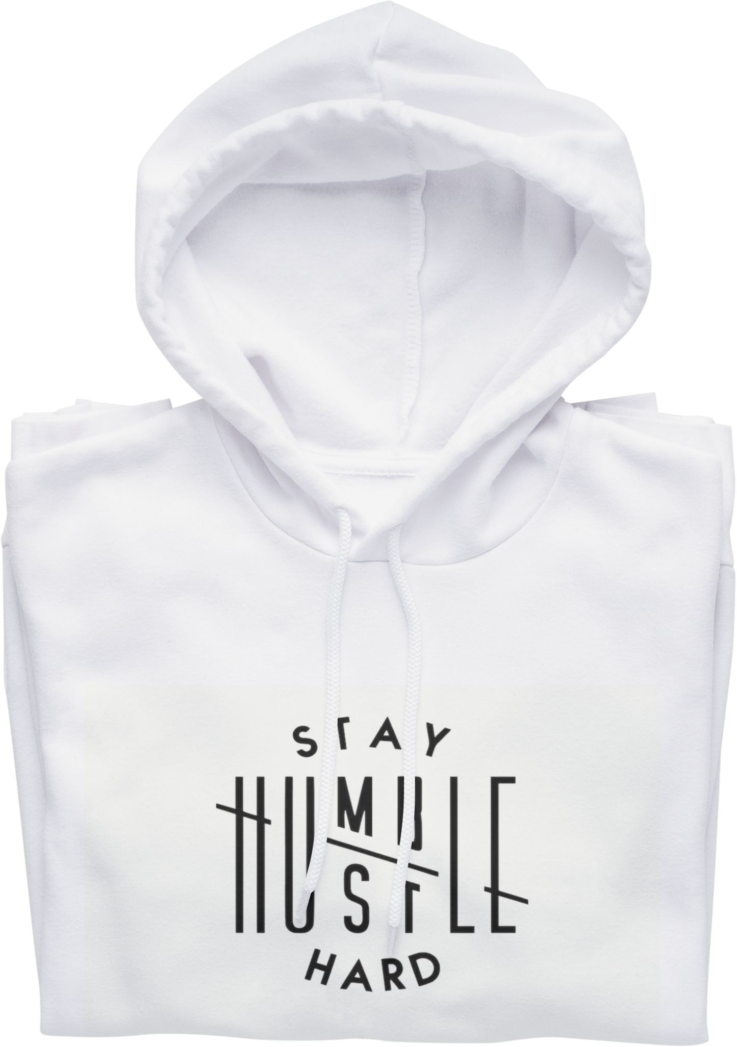 White hoodie with 'Stay Humble Hustle Hard' text on a white background
