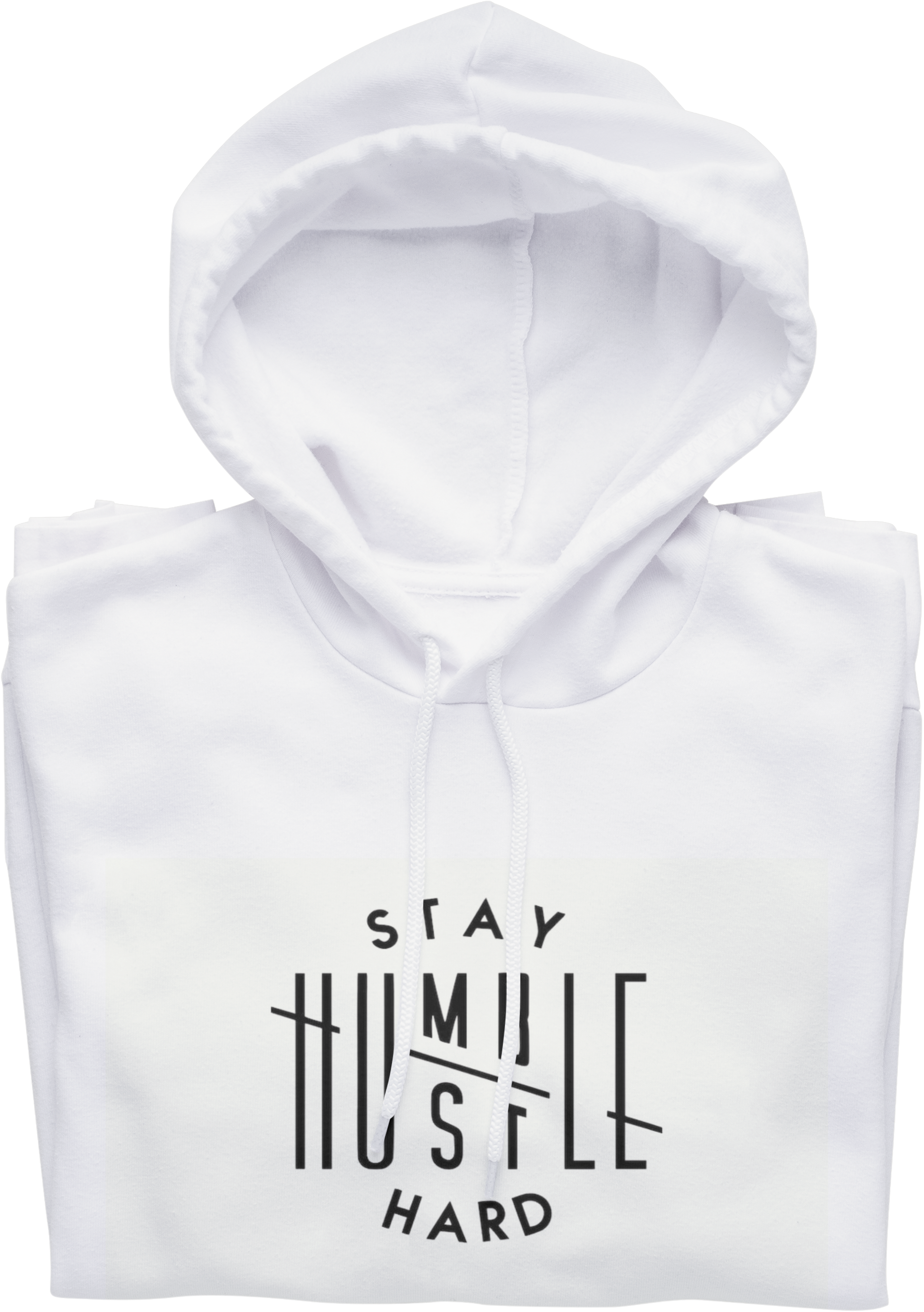 White hoodie with 'Stay Humble Hustle Hard' text on a white background