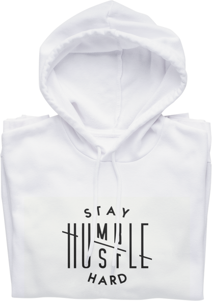 White hoodie with 'Stay Humble Hustle Hard' text on a white background