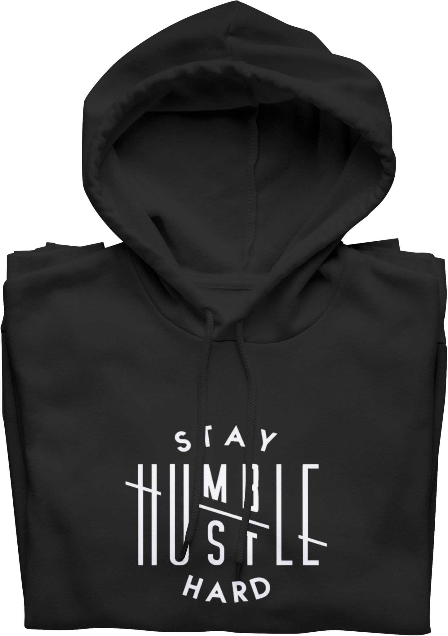 Black hoodie with 'Stay Humble Hustle Hard' text on a white background