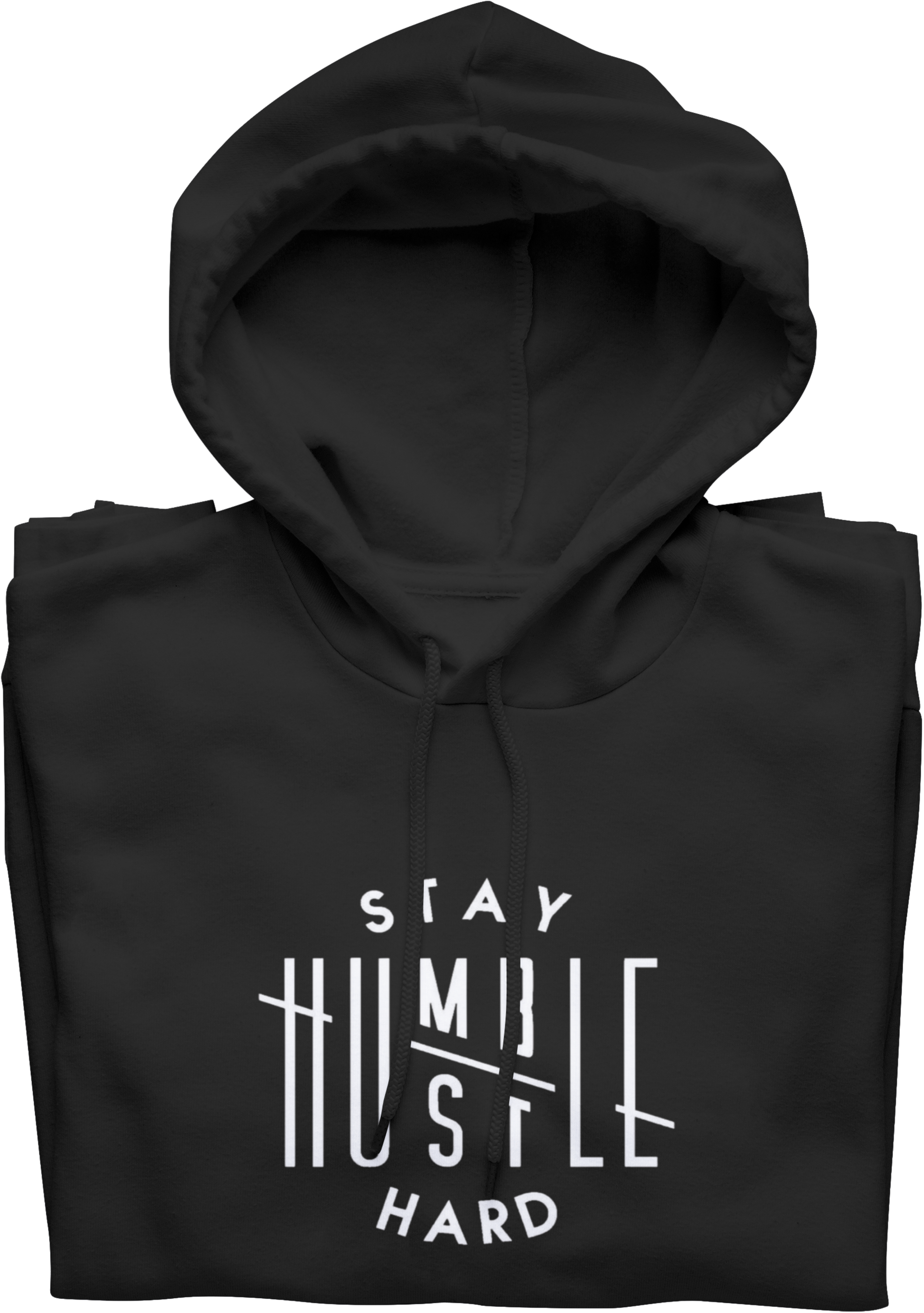 Black hoodie with 'Stay Humble Hustle Hard' text on a white background